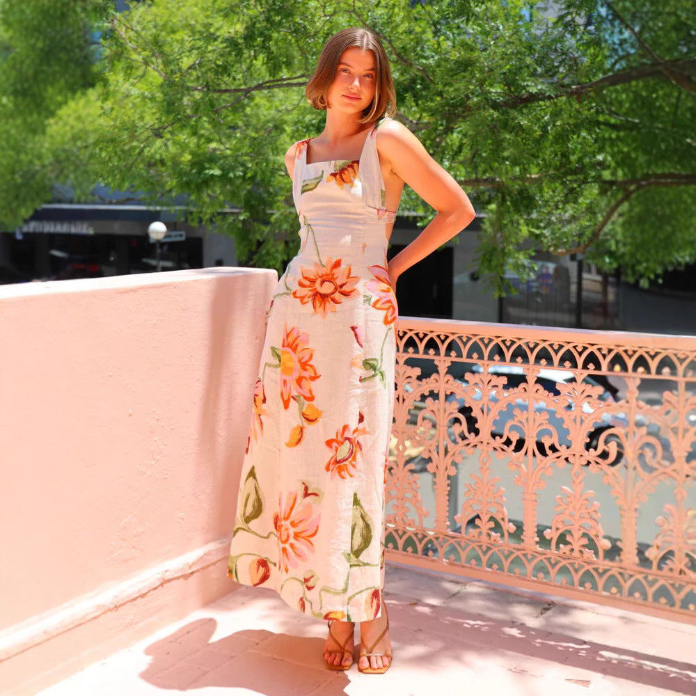 Printed Long Dress Backless Strapless Dress