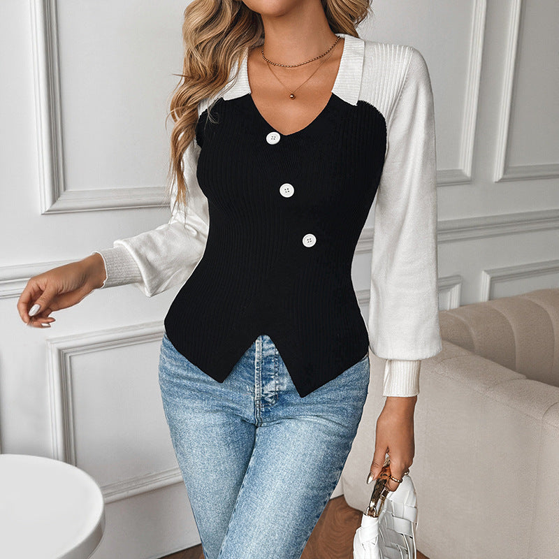 Haut Col V Noir et Blanc