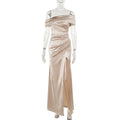 Silk one shoulder dress with slit dress for women