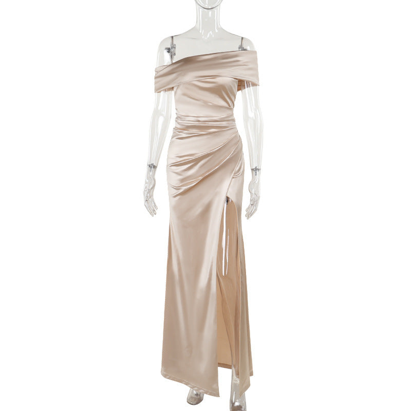 Silk one shoulder dress with slit dress for women