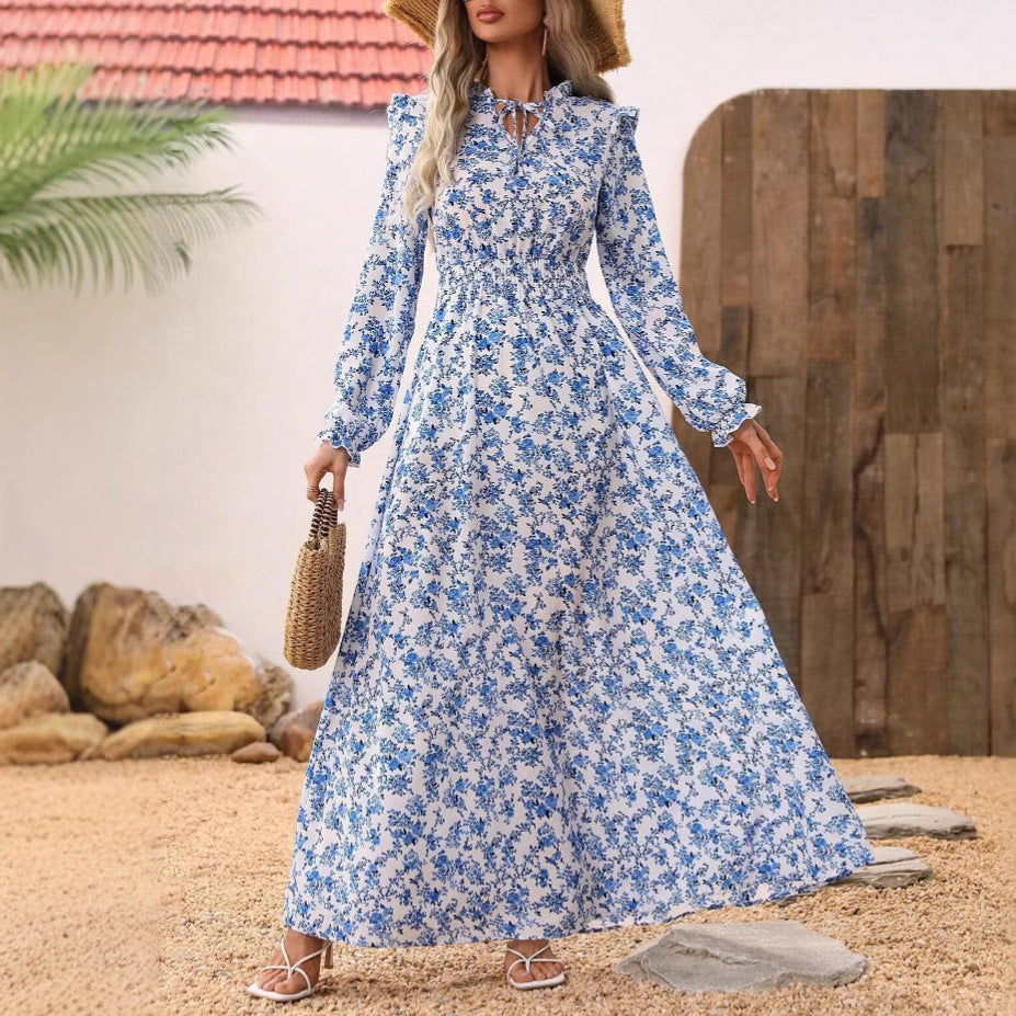 Elegant Women's Belted Long Sleeve Floral Print Dress, Fashion Casual Maxi Dress