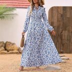 Elegant Women's Belted Long Sleeve Floral Print Dress, Fashion Casual Maxi Dress