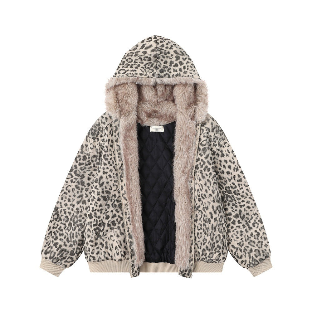 Veste Imprimé Léopard Col Fourrure à Capuche