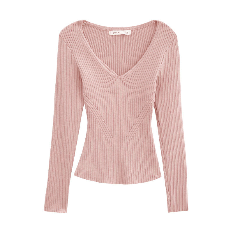 Haut en maille rose à col en U et coupe ajustée pour femme, sous-vêtement décontracté à manches longues
