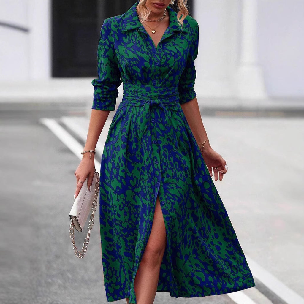 style dress with shirt collar, belt, long skirt for women