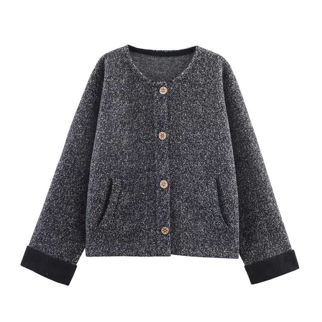 Veste pull en tricot de fil fleuri col rond coupe cocon rétro