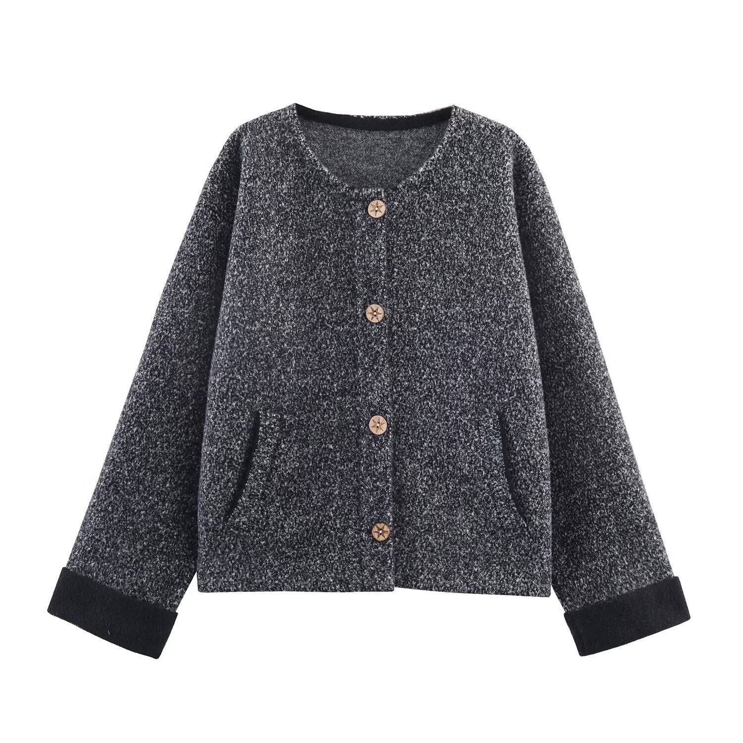 Veste pull en tricot de fil fleuri col rond coupe cocon rétro