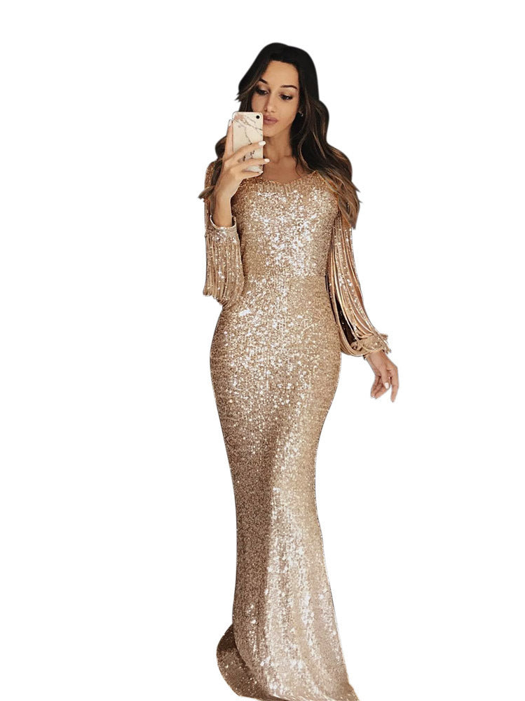 Robe longue femme, robe de soirée, robe de dîner à manches longues et franges