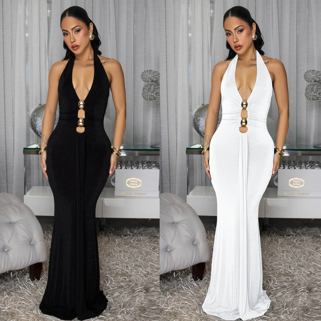 Robe Femme Sexy sans Dos, Col Halter Plongeant, Couleur Unie