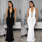 Robe Femme Sexy sans Dos, Col Halter Plongeant, Couleur Unie