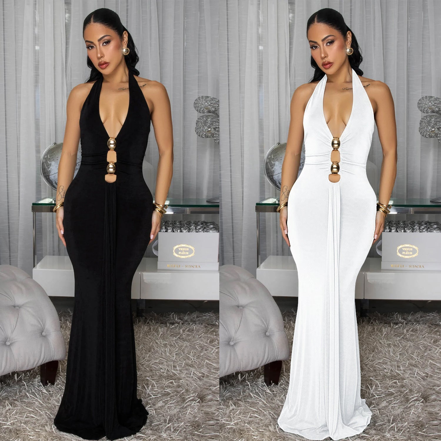 Robe Femme Sexy sans Dos, Col Halter Plongeant, Couleur Unie