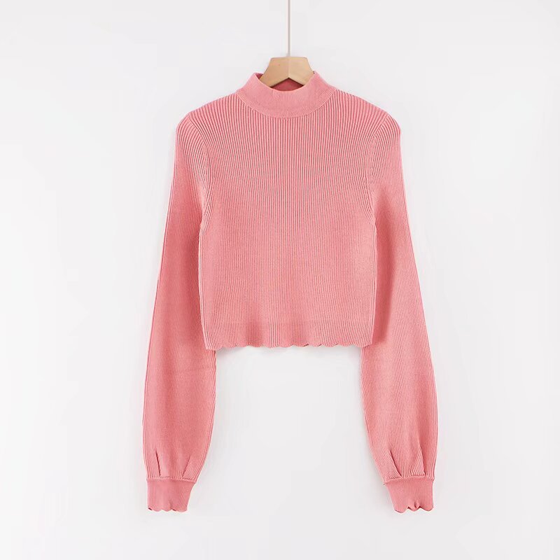 Long sleeved half high neck lotus leaf sweater