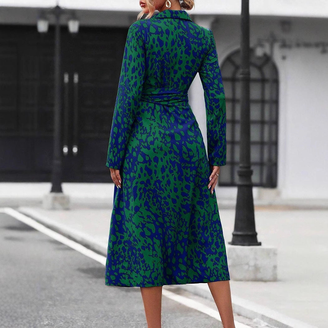 style dress with shirt collar, belt, long skirt for women