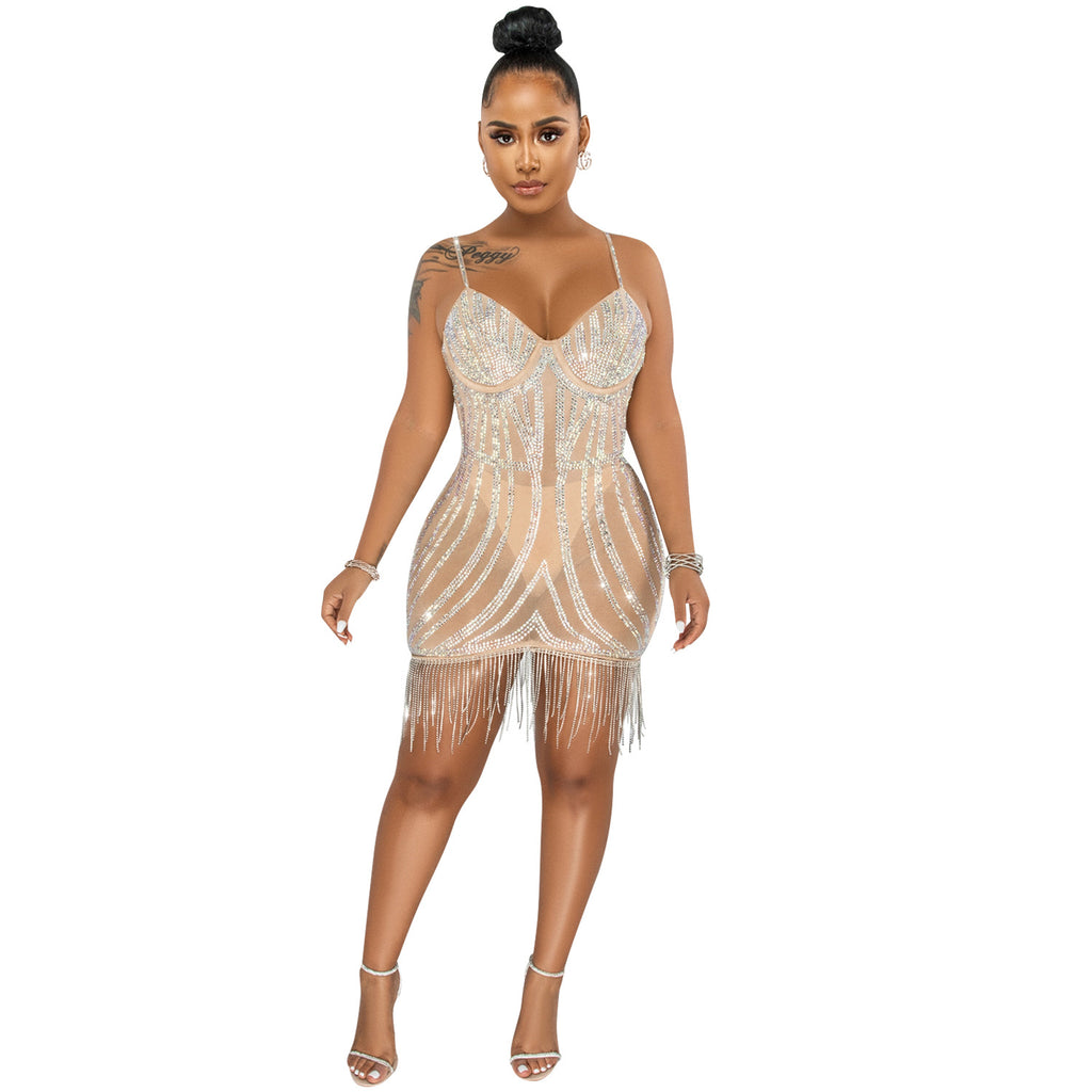 Sexy Embellished Strapless Sleeveless Crop Top Dress with Fringe Details