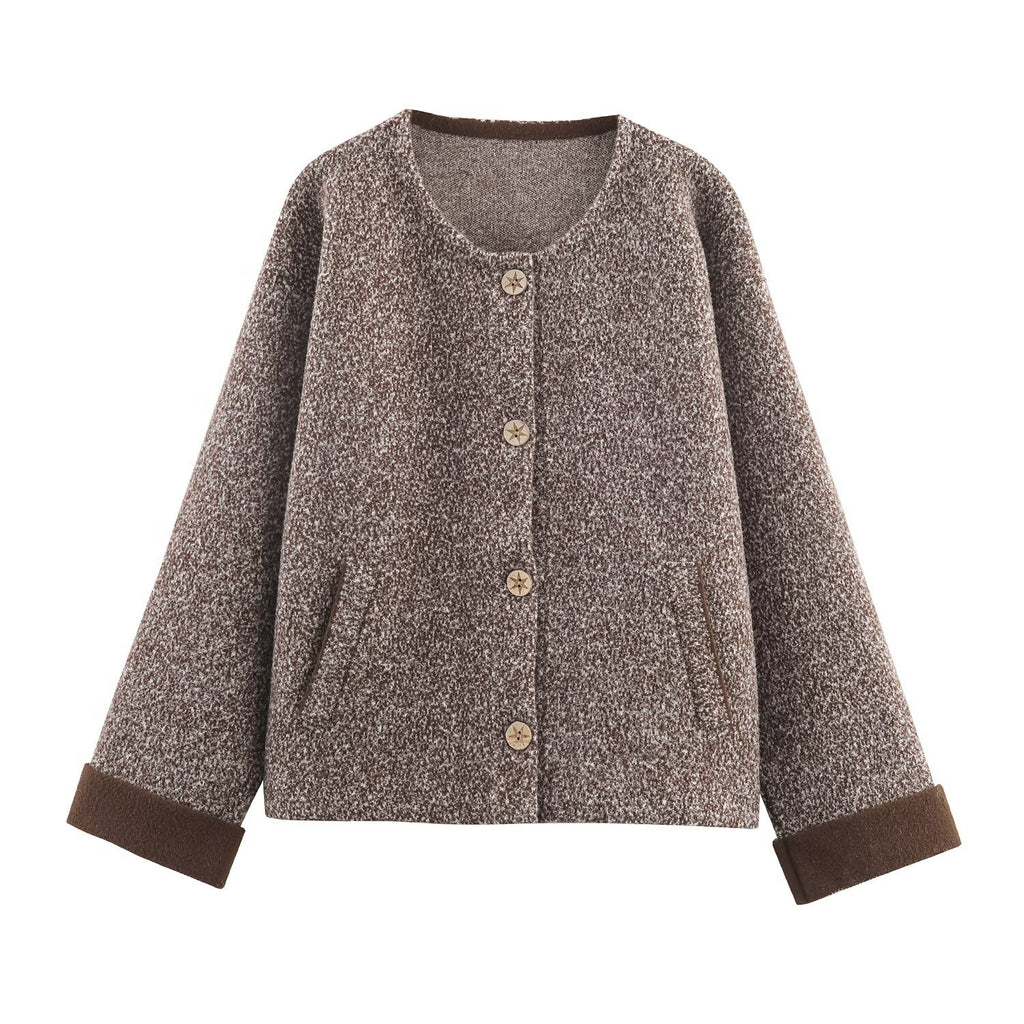 Veste pull en tricot de fil fleuri col rond coupe cocon rétro