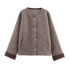 Veste pull en tricot de fil fleuri col rond coupe cocon rétro