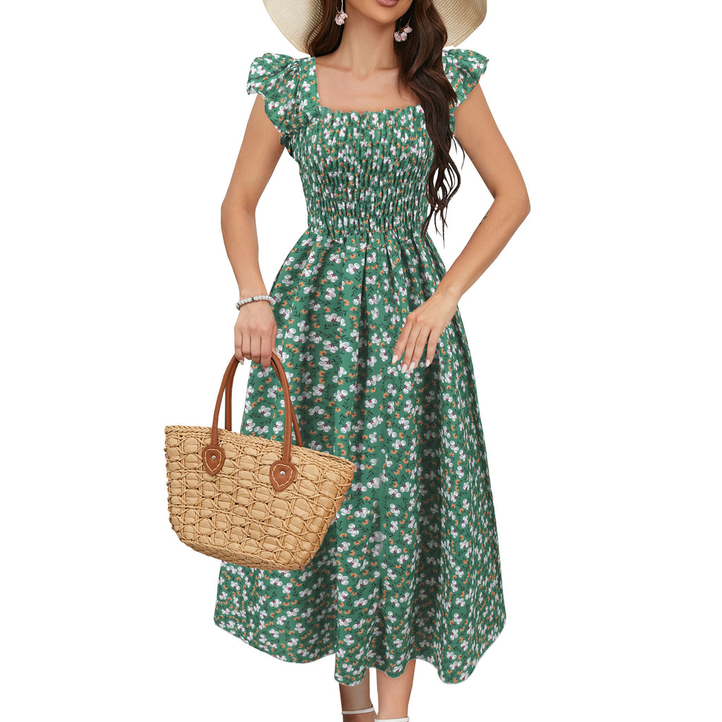 Robe Imprimée Col Carré Coupe Évasée Longue