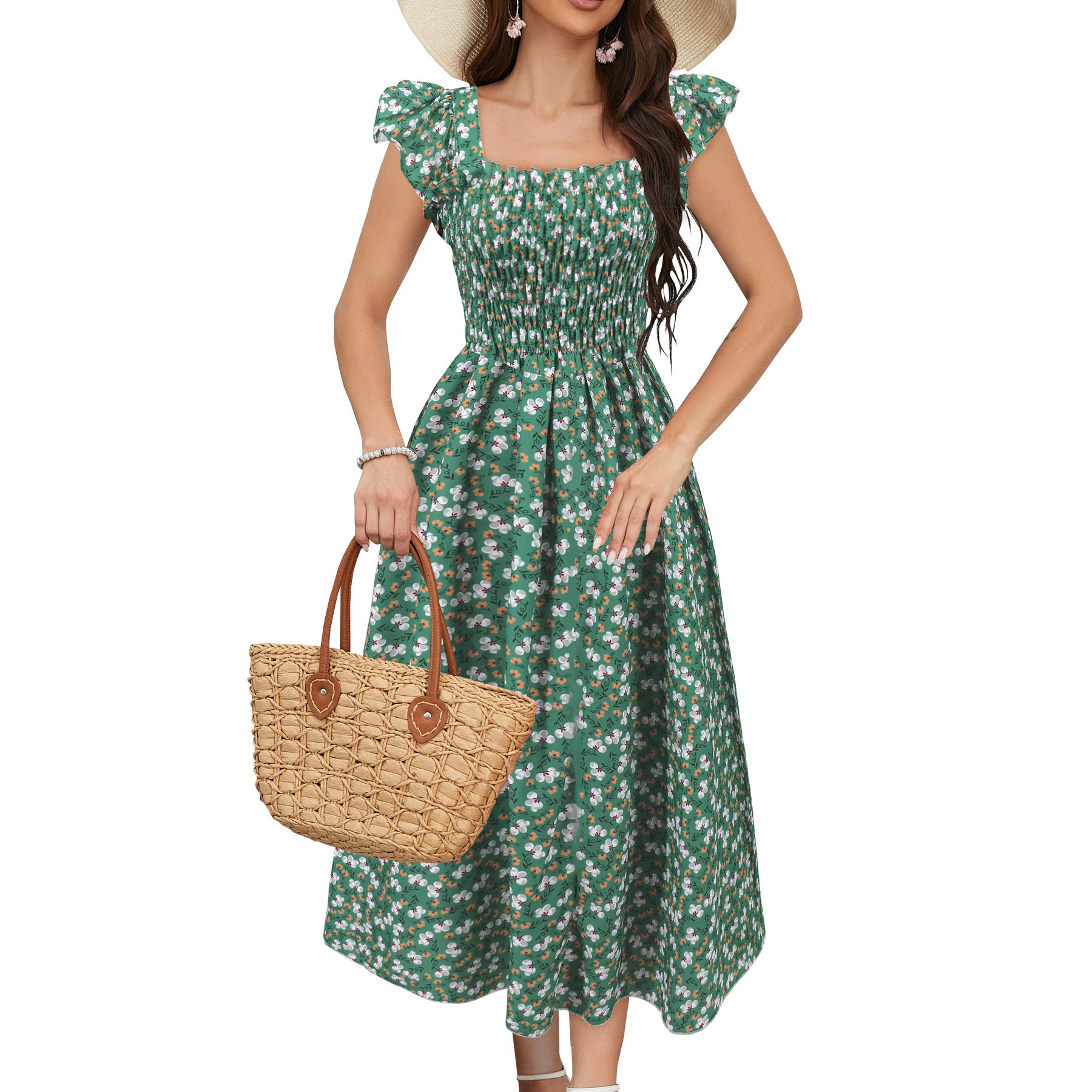 Robe Imprimée Col Carré Coupe Évasée Longue