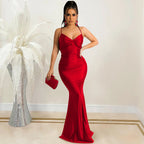 Pure Color Sexy Strapless Bustier Backless Tie-Up Bodycon Long Dress