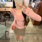 Haut en maille rose à col en U et coupe ajustée pour femme, sous-vêtement décontracté à manches longues