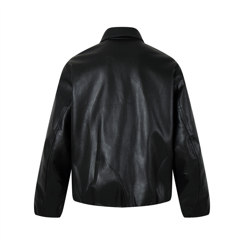 Loose solid color PU leather jacket