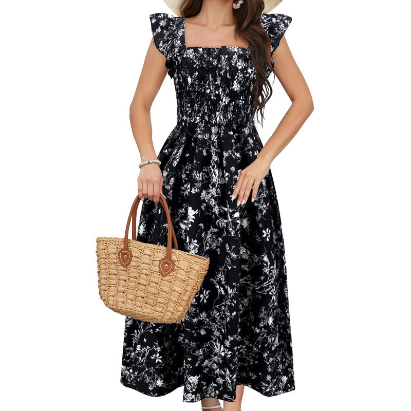 Robe Imprimée Col Carré Coupe Évasée Longue