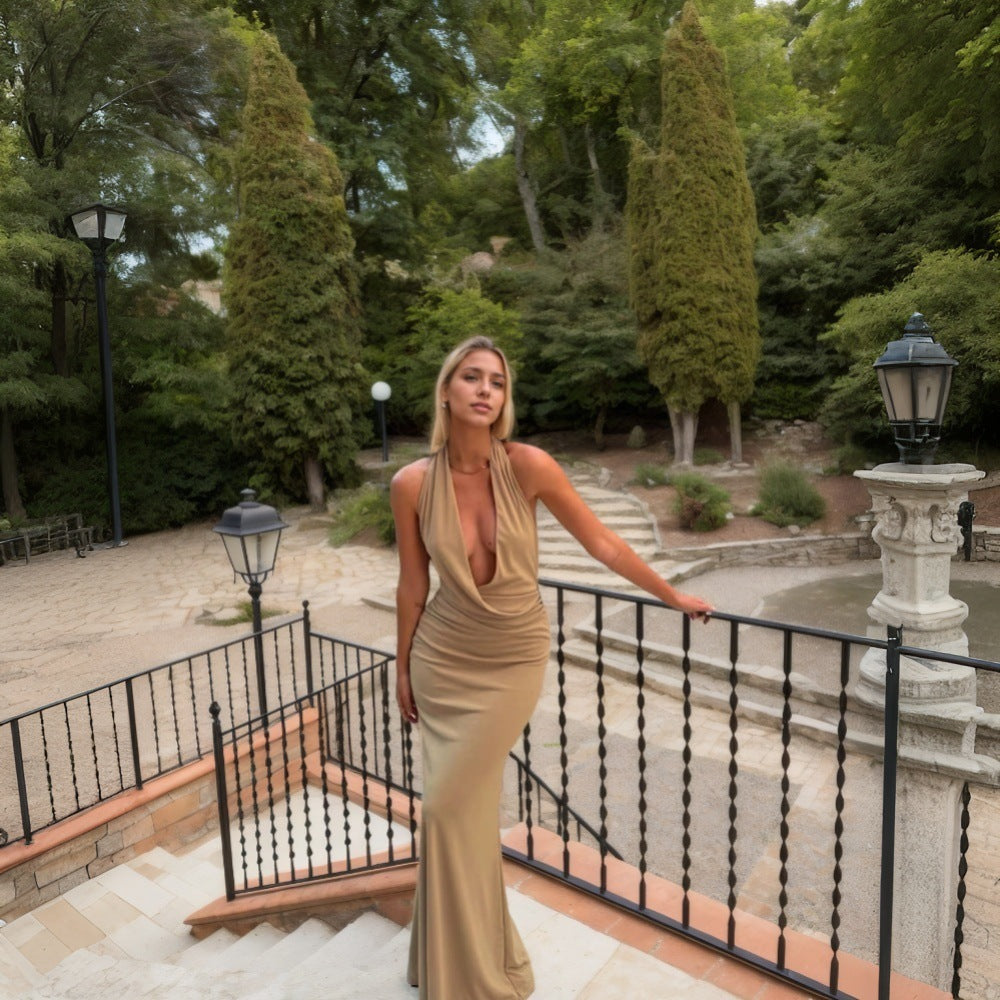 Robe longue de soirée sexy à col suspendu pour femme