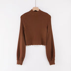 Long sleeved half high neck lotus leaf sweater