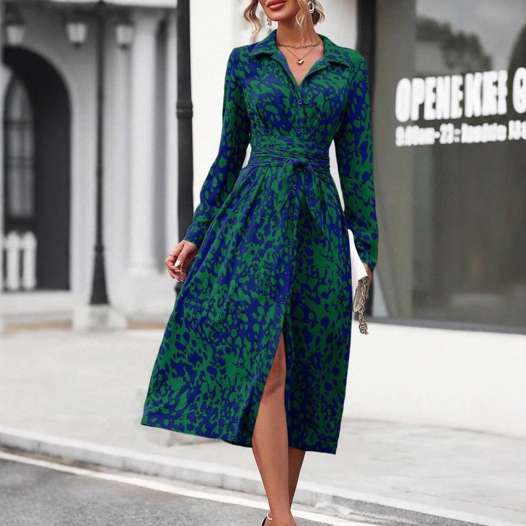 style dress with shirt collar, belt, long skirt for women