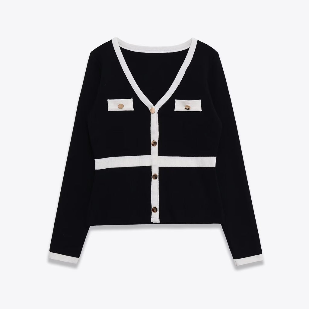 Gilet en maille souple à col en V et manches longues, contrastant