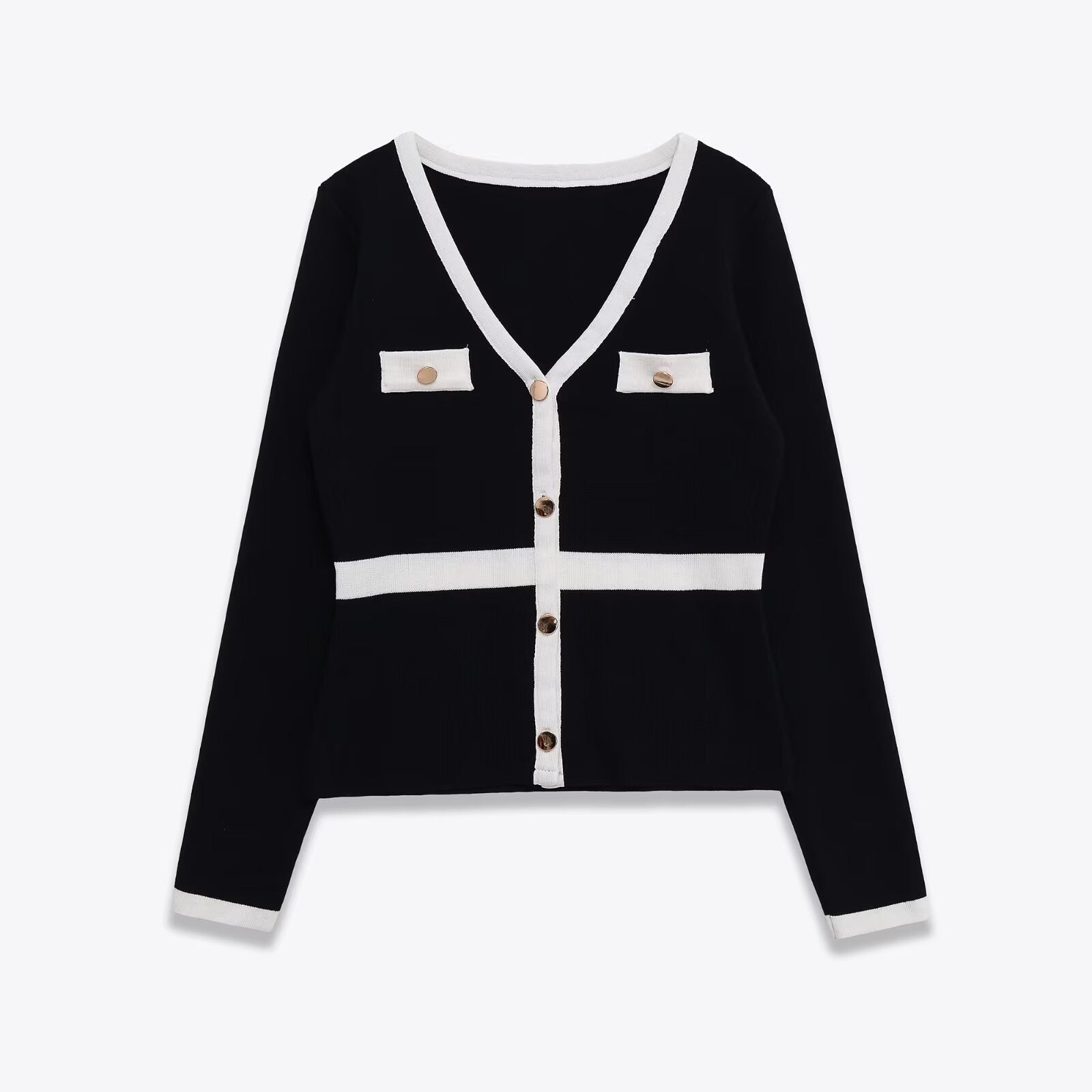 Gilet en maille souple à col en V et manches longues, contrastant