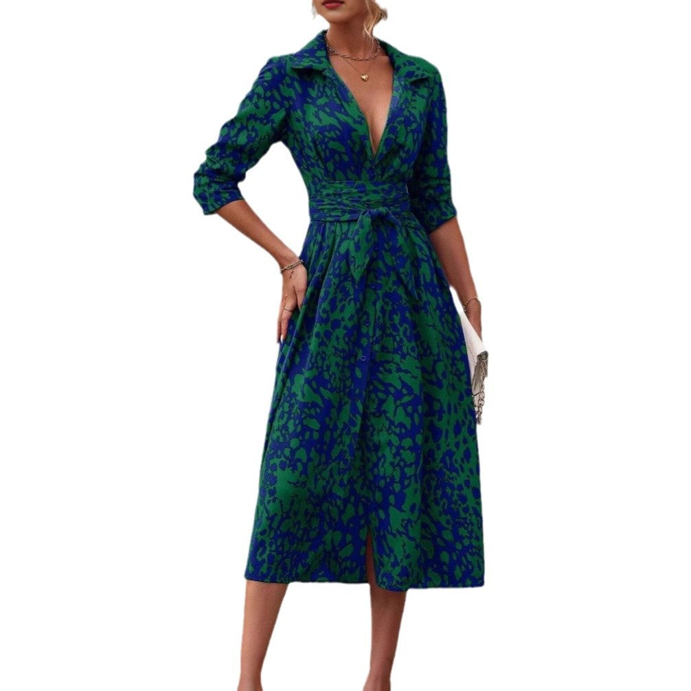 style dress with shirt collar, belt, long skirt for women