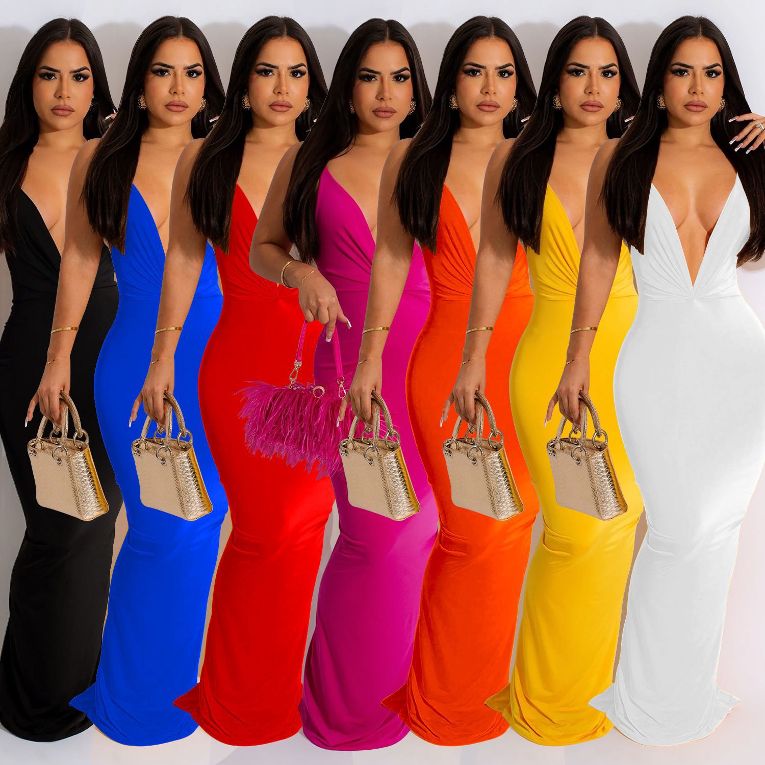 Fashionable Style Solid Color Sleeveless Pleated V-Neck Long Dress for Women