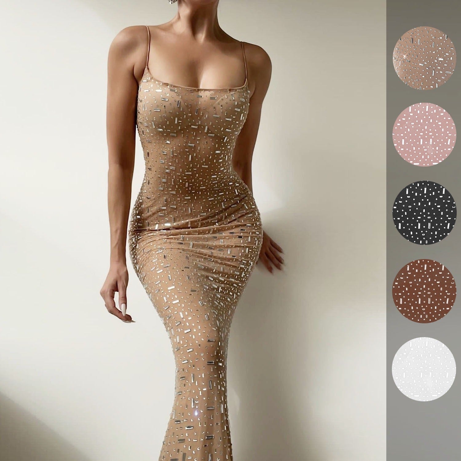 Robe de soirée longue sirène sexy à bretelles avec diamants brillants pour femme