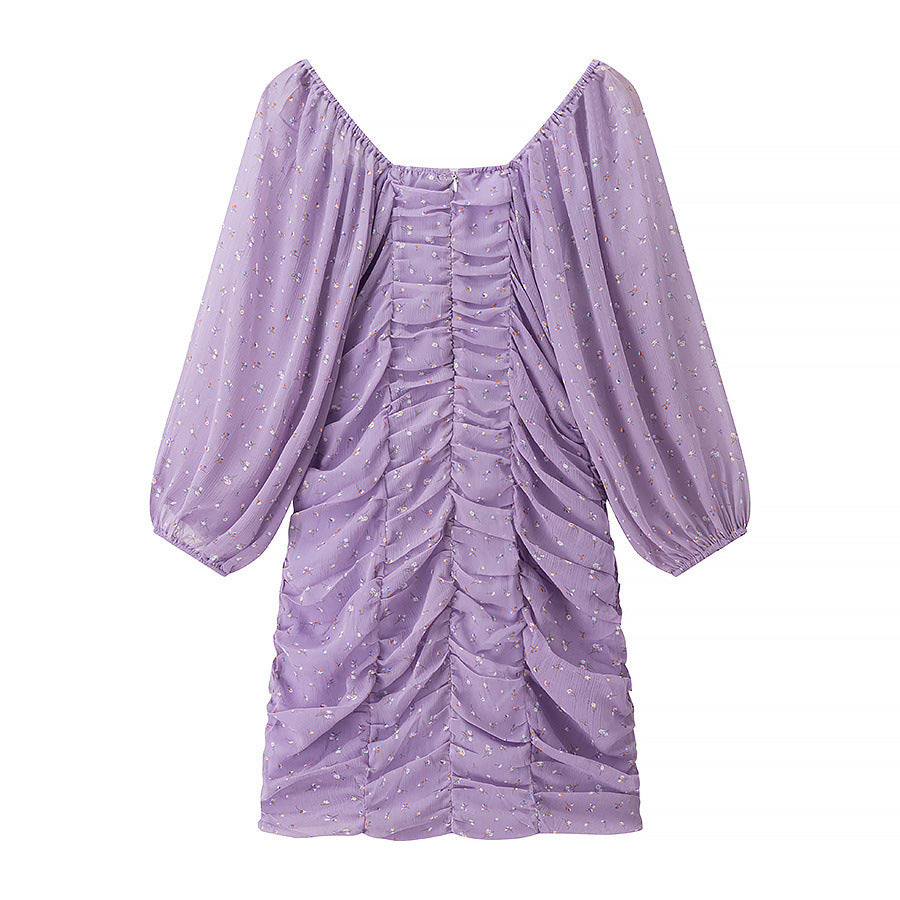 Purple wrinkled printed dress