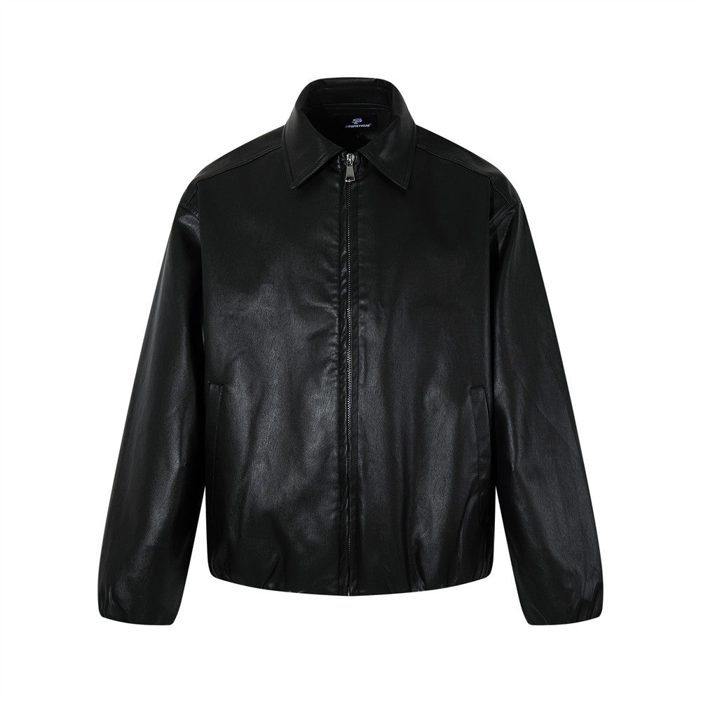Loose solid color PU leather jacket