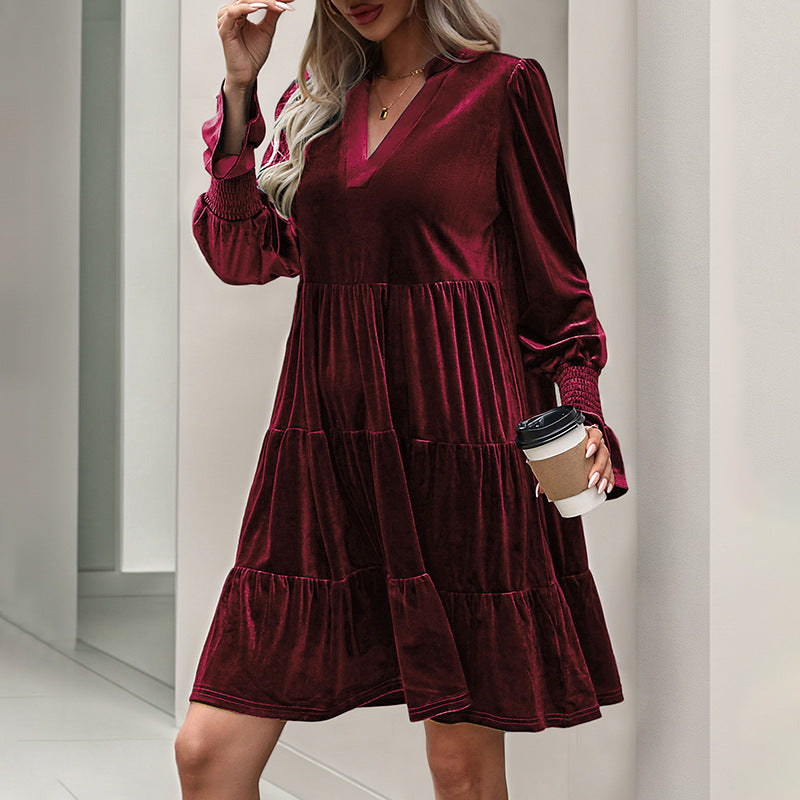 Robe à Manches Longues Entrecoupée Robe de Soirée Robe en Velours