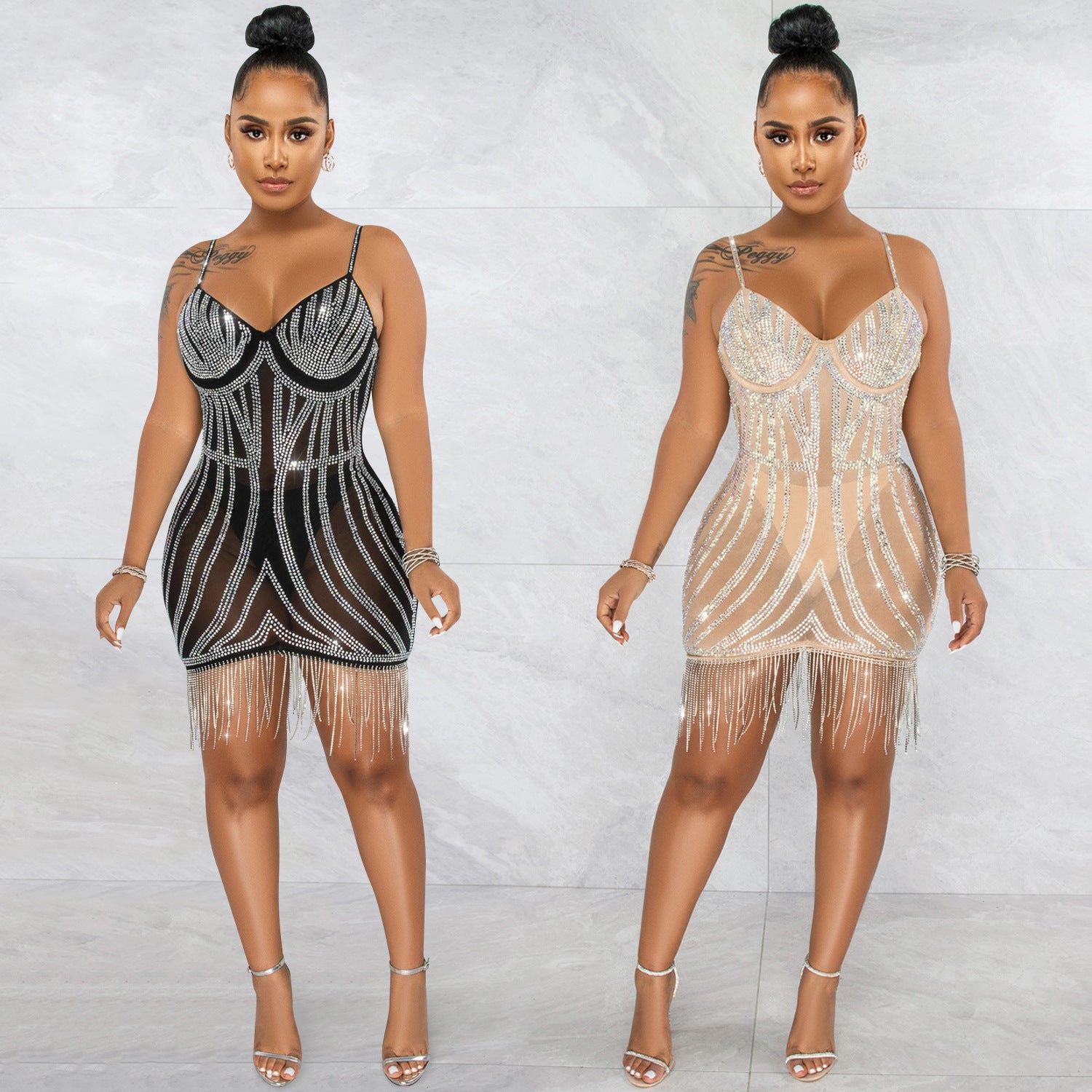 Sexy Embellished Strapless Sleeveless Crop Top Dress with Fringe Details