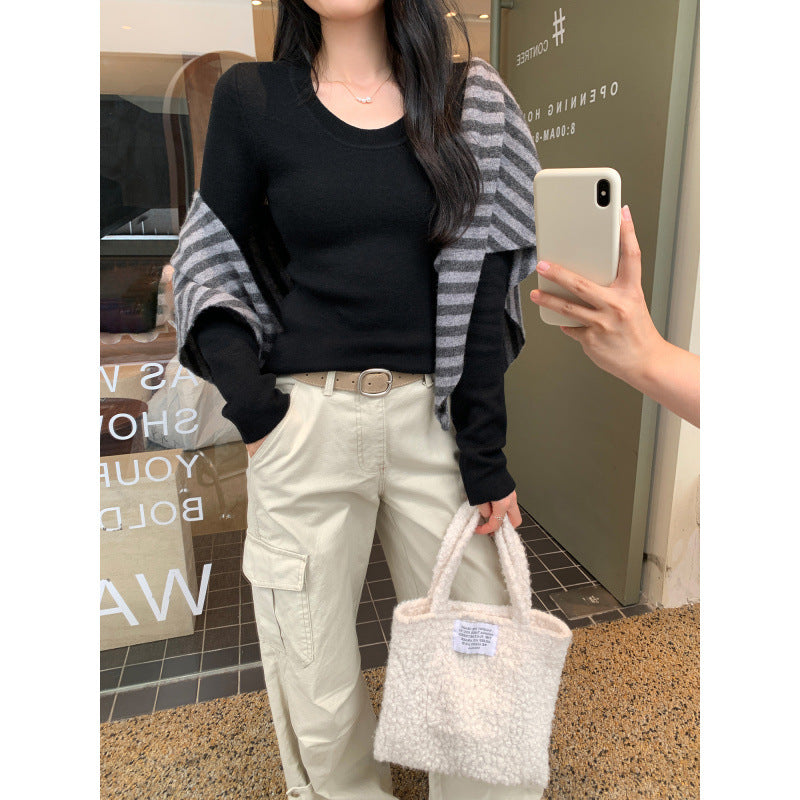 Pull en tricot de laine et soie de vison à col U pour femme, manches longues, couche intérieure épaisse et chaude