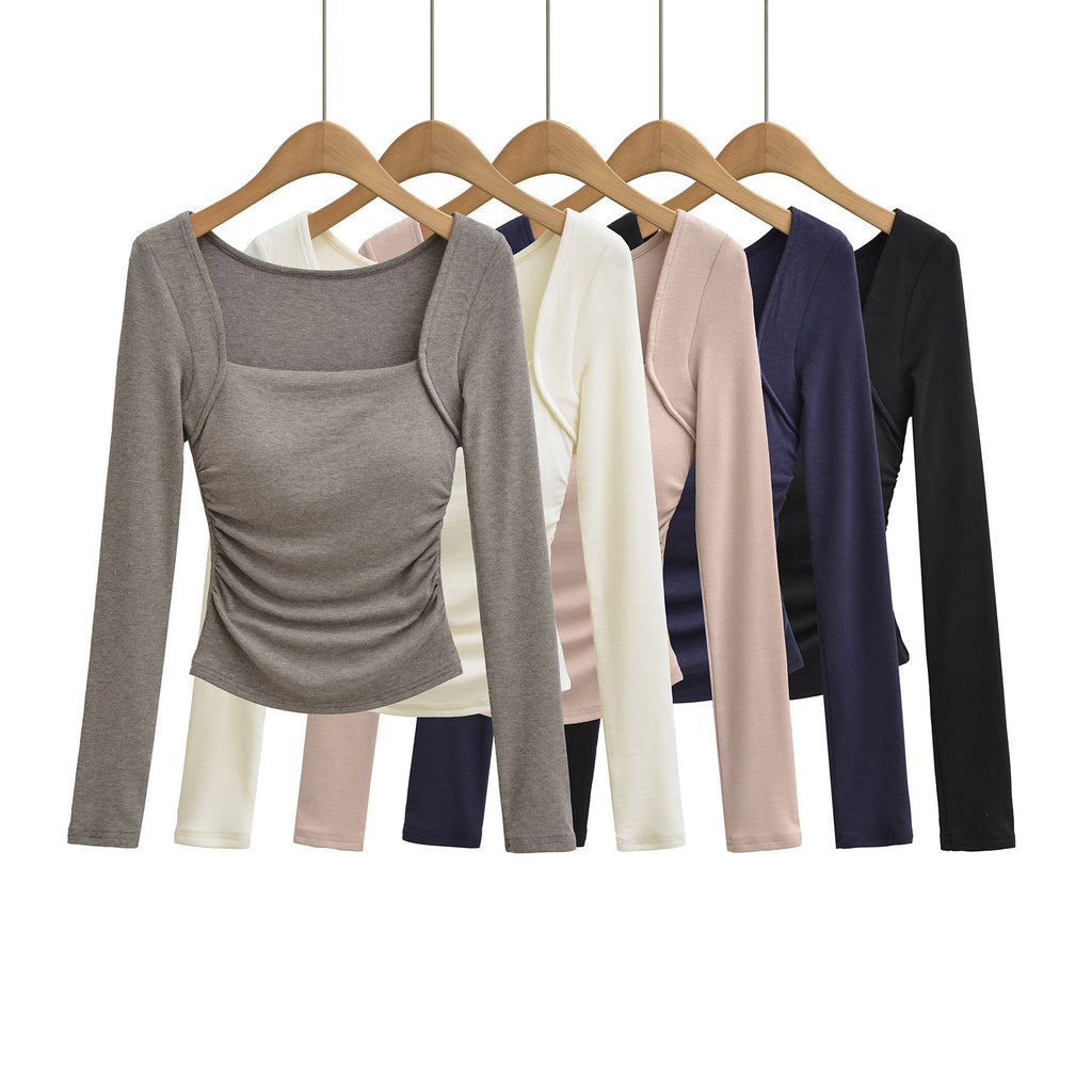 Square neck pleated long sleeved tight fitting T-shirt
