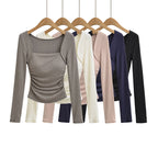 Square neck pleated long sleeved tight fitting T-shirt