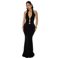Robe Femme Sexy sans Dos, Col Halter Plongeant, Couleur Unie