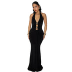 Robe Femme Sexy sans Dos, Col Halter Plongeant, Couleur Unie